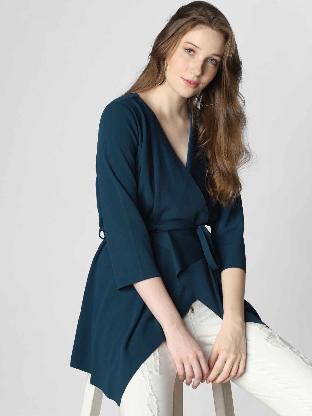 

Vero Moda Women Teal Blue Solid Open Front Jacket