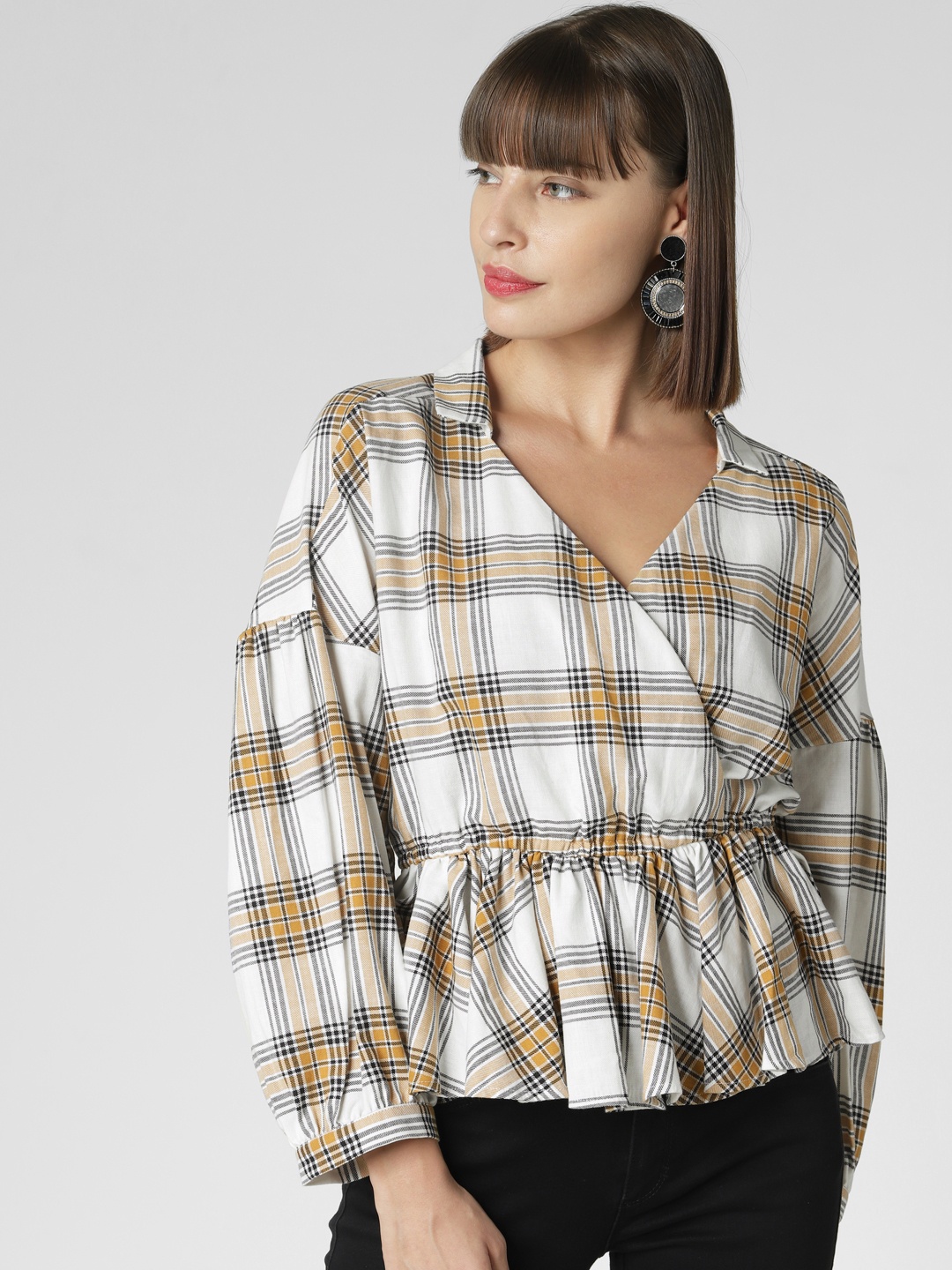

Vero Moda Women White & Mustard Yellow Checked Wrap Pure Cotton Top