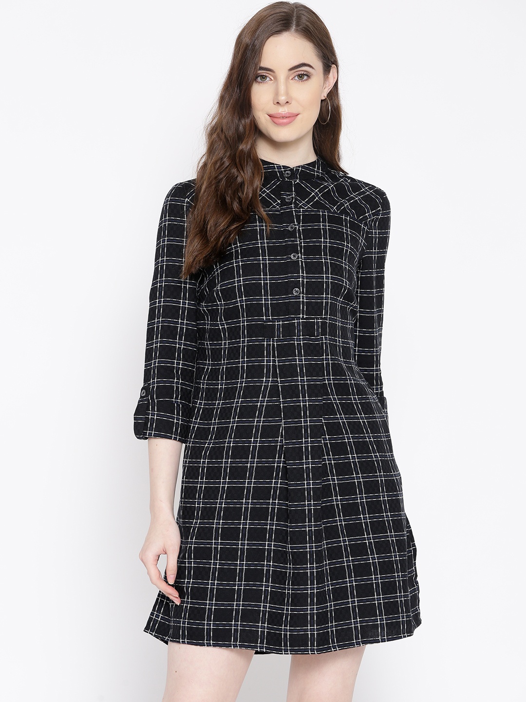 

Vero Moda Women Navy Blue & White Checked A-Line Dress