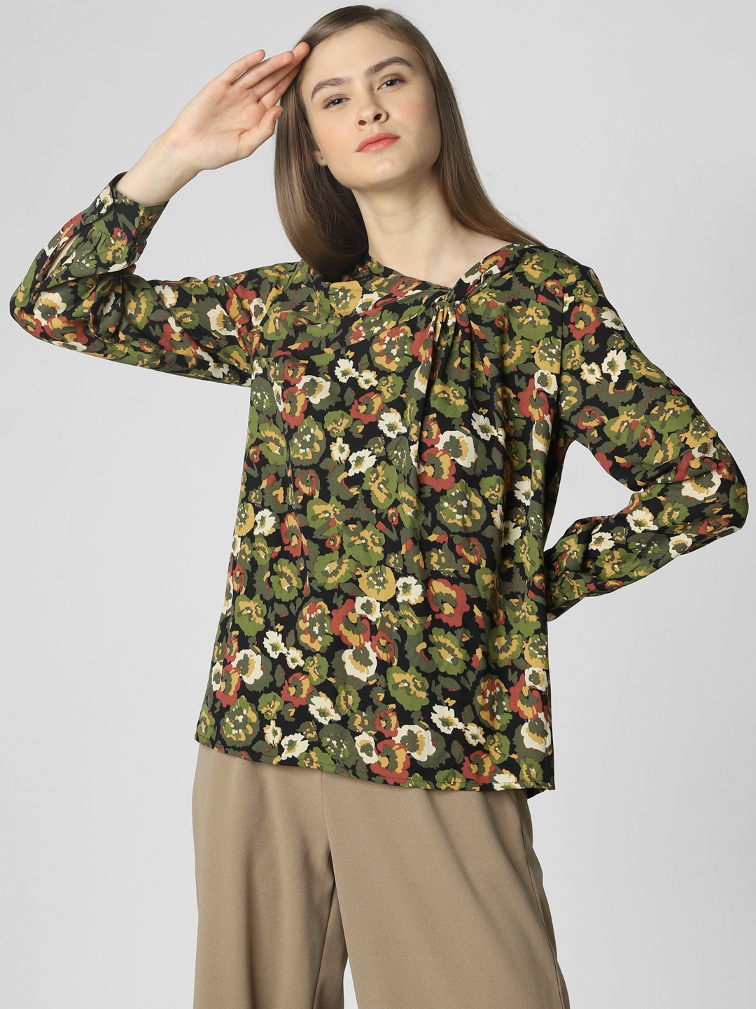 

Vero Moda Women Black & Olive Green Printed Top