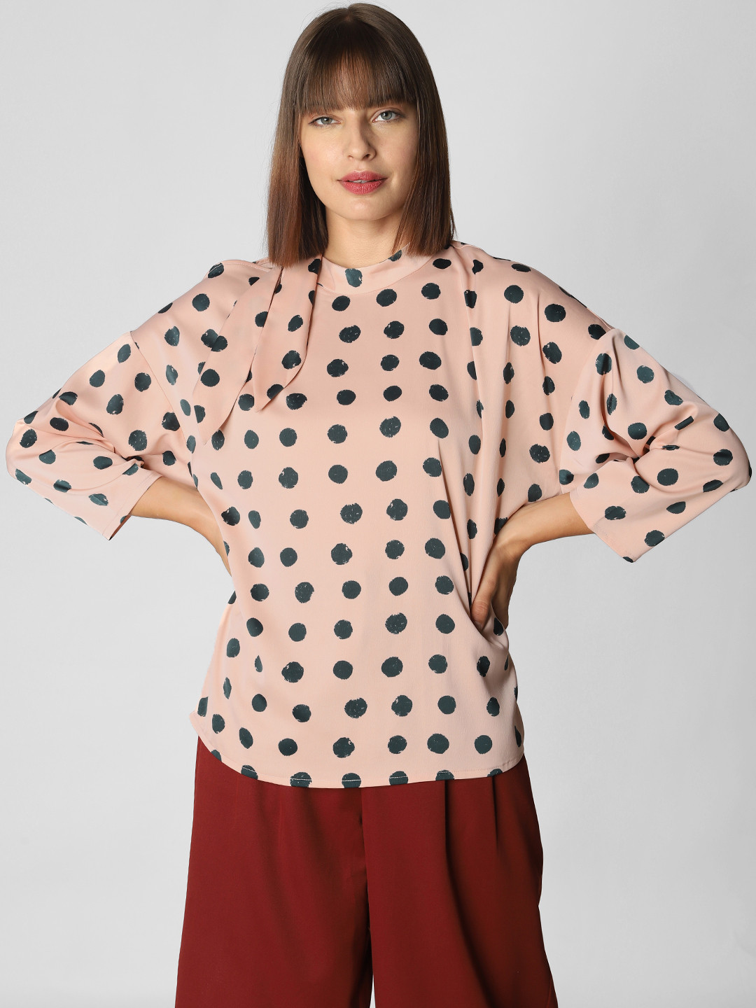

Vero Moda Women Pink & Navy Blue Polka Dot Printed A-Line Top