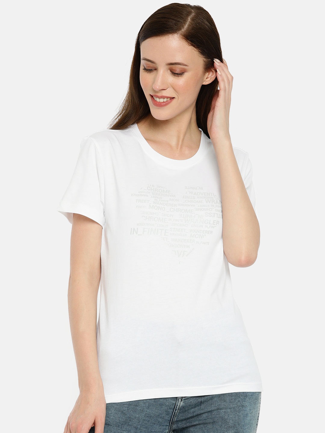 

Wrangler Women White Slim Fit Printed Round Neck Pure Cotton T-shirt