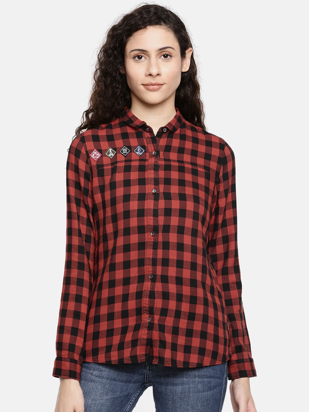 

Wrangler Women Rust Orange & Black Checked Casual Shirt