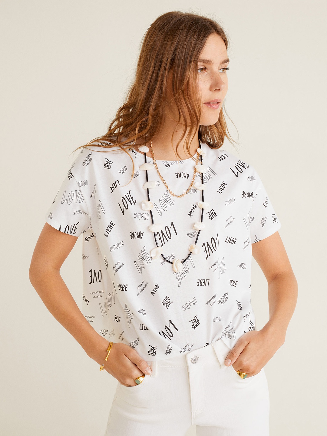 

MANGO Women White Black Printed Round Neck Pure Cotton T-shirt