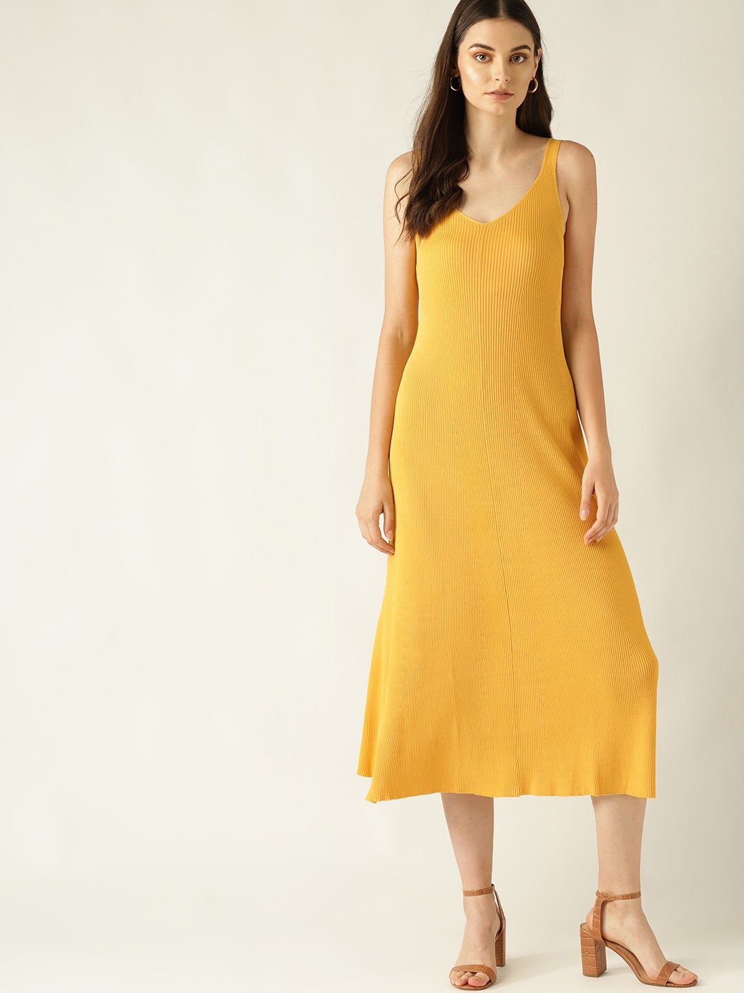 

MANGO Women Mustard Yellow Ribbed A-Line Dress