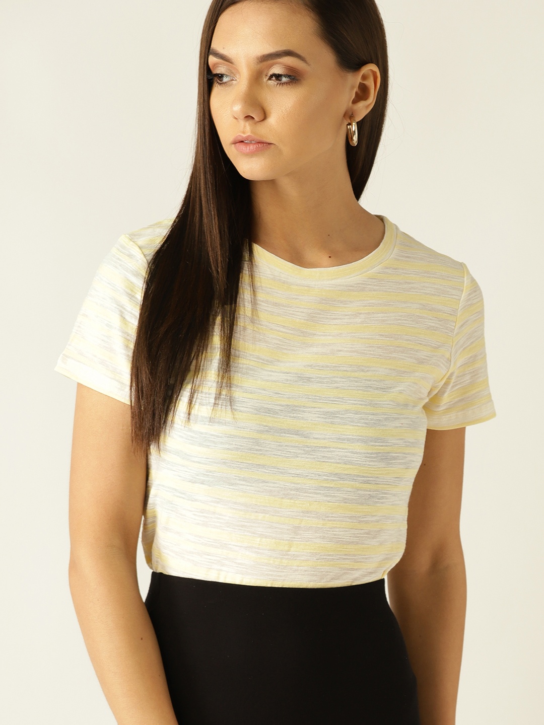 

MANGO Women Off-White & Yellow Striped Round Neck T-shirt
