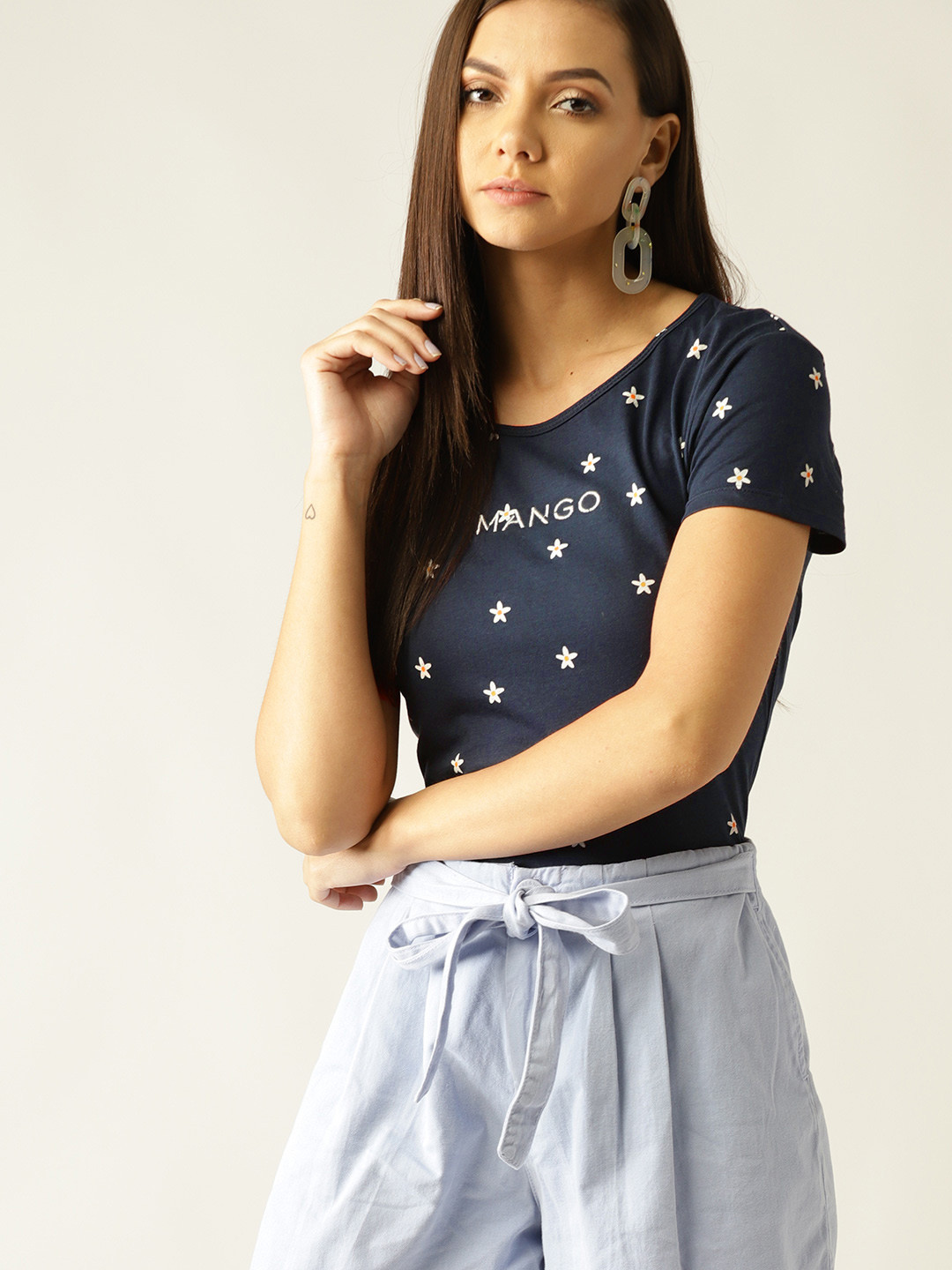 

MANGO Women Navy Blue & White Printed Round Neck T-shirt