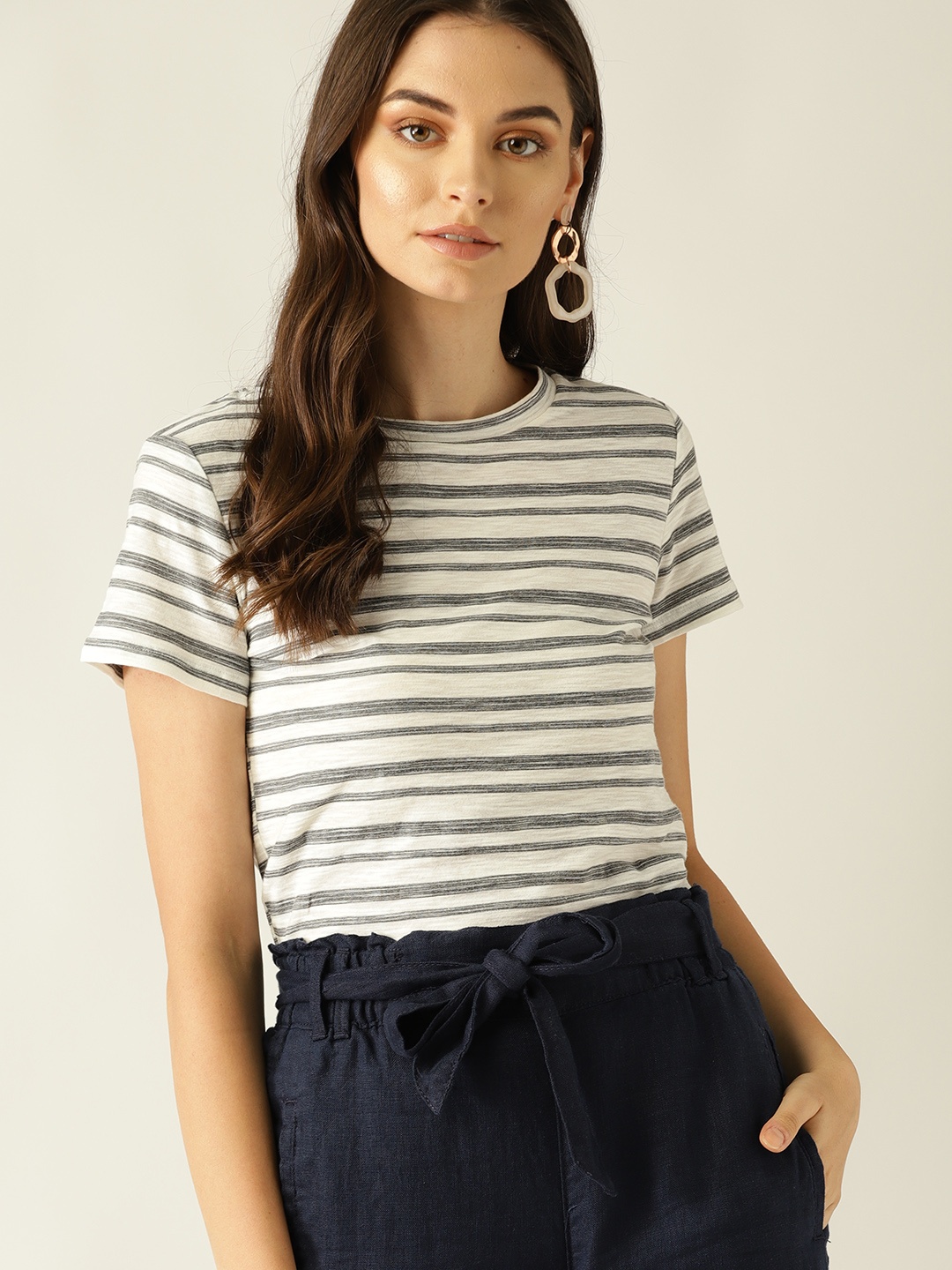 

MANGO Women White Striped Round Neck T-shirt