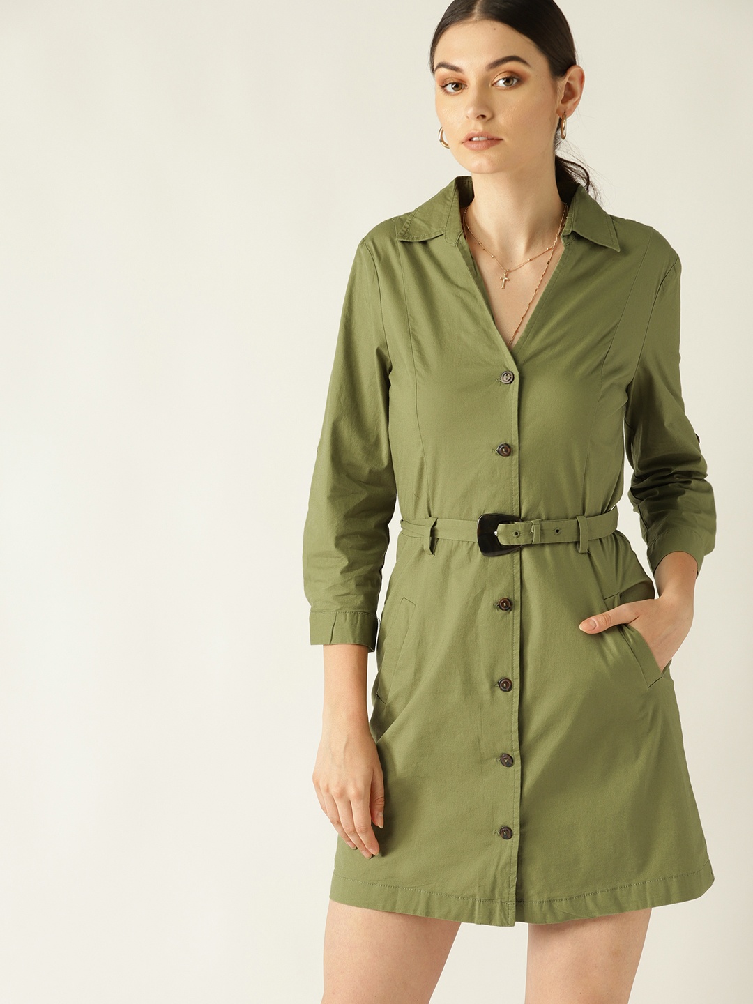 

MANGO Women Olive Green Solid Shirt Dress