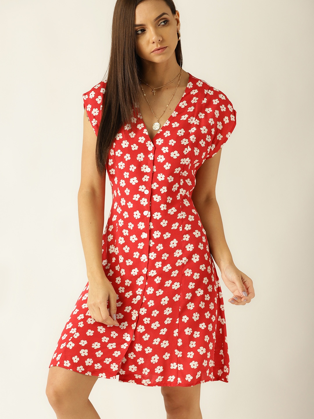 

MANGO Women Red & White Floral Print A-Line Dress