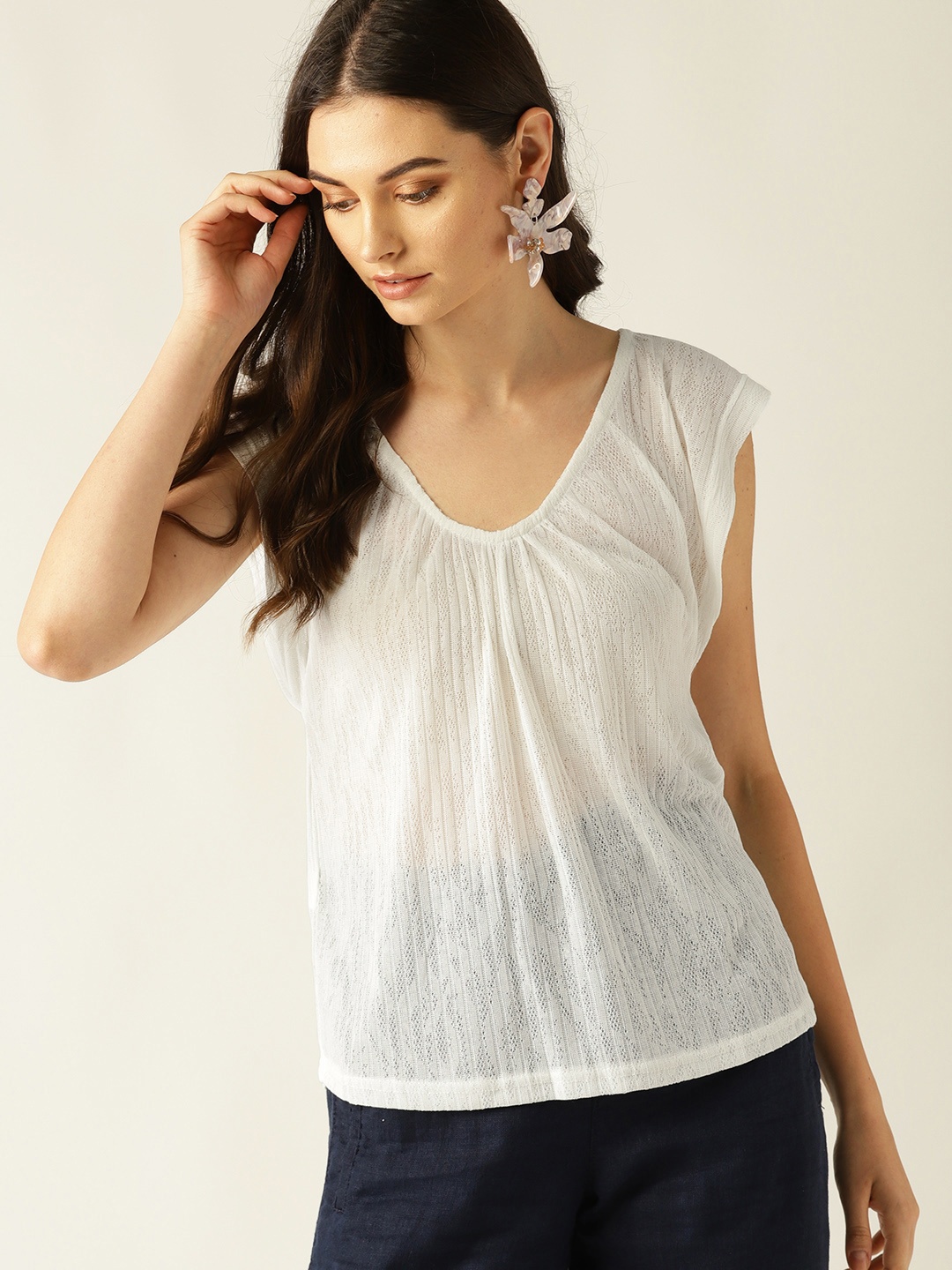 

MANGO Women Off-White Self-Striped Semi-Sheer Top