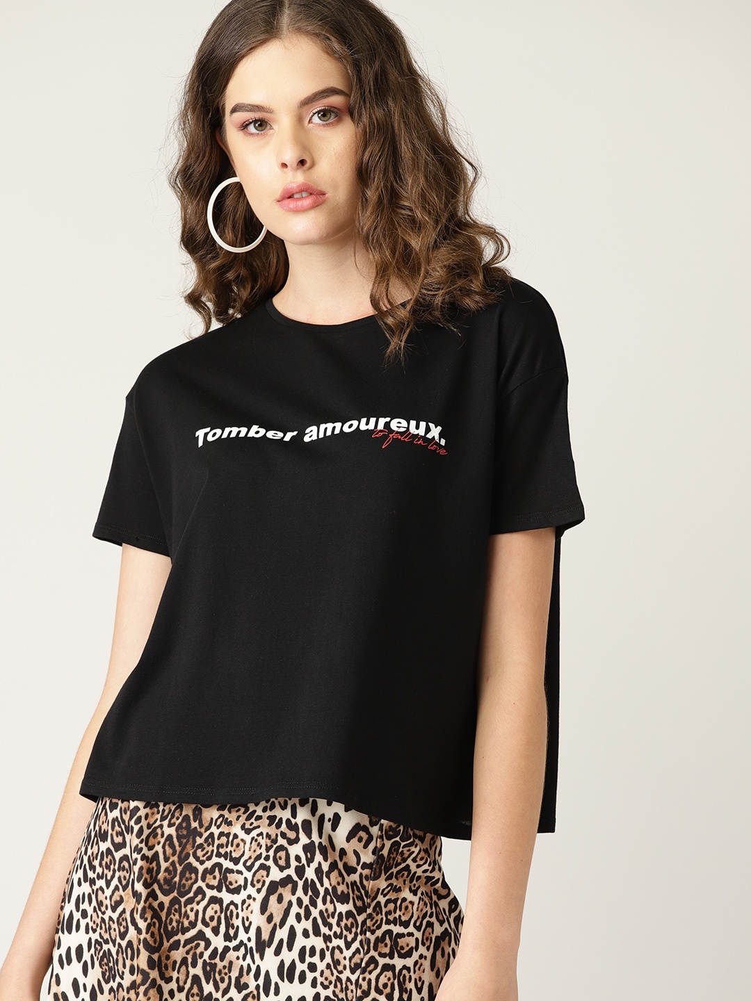 

MANGO Women Black Printed Detail Round Neck Boxy T-shirt