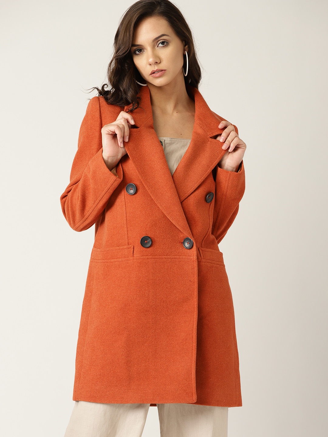 

MANGO Women Orange Solid Double-Breasted Longline Overcoat