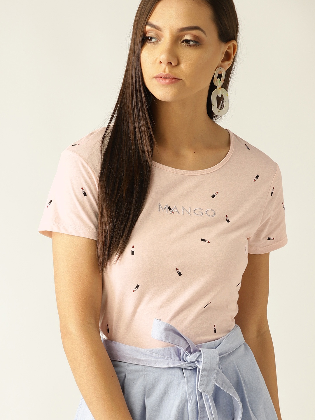 

MANGO Women Peach-Coloured Printed Round Neck T-shirt