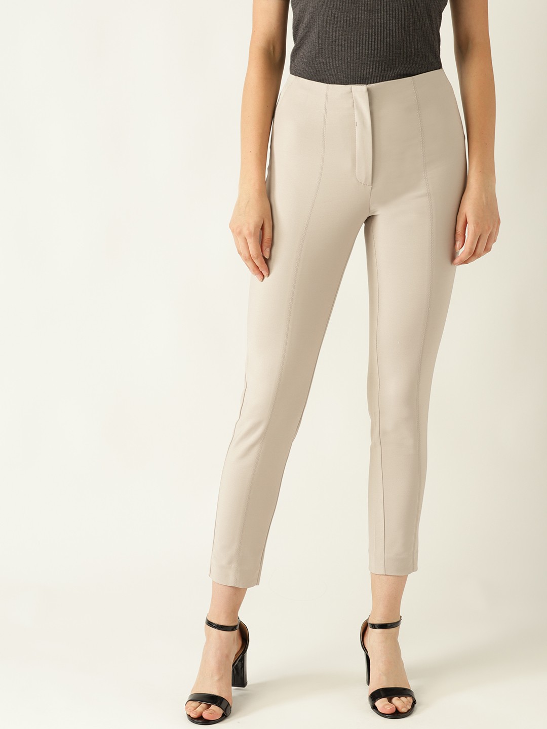 

MANGO Women Beige Skinny Fit Solid Cropped Formal Trousers