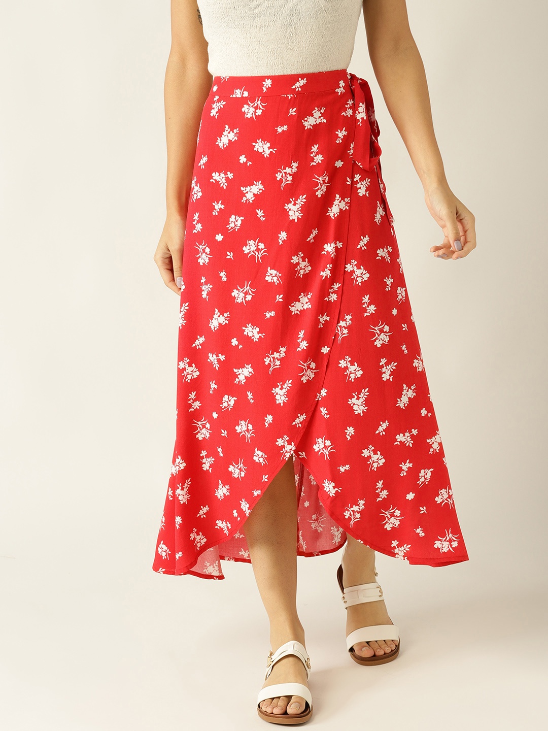 

MANGO Women Red & White Floral Print Wrap Skirt