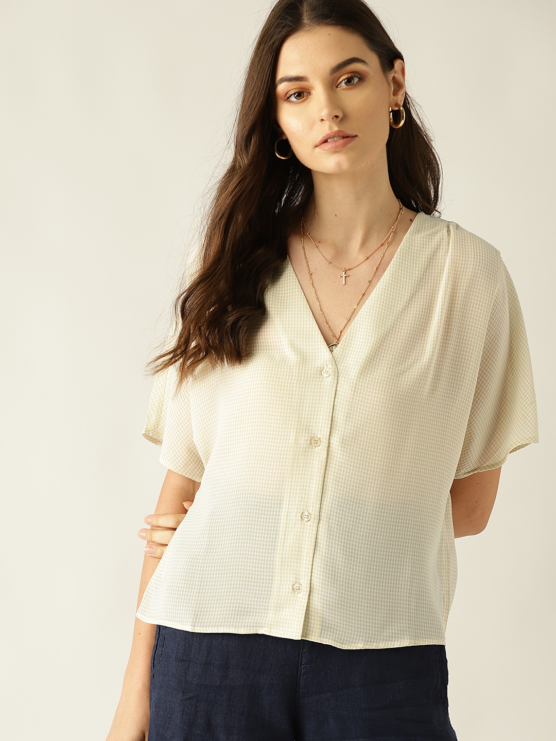 

MANGO Women Beige Checked Shirt Style Top