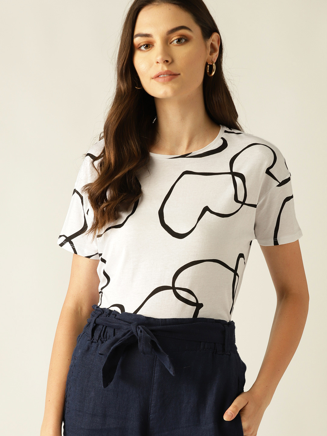 

MANGO Women White Printed Round Neck Boxy T-shirt