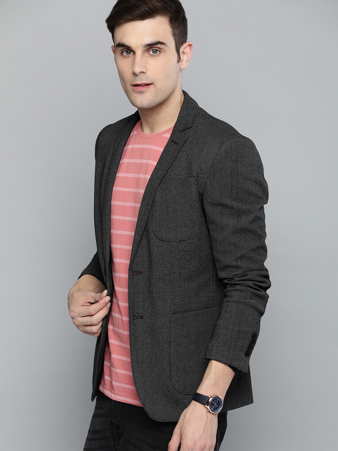 

Mast & Harbour Men Black & White Self Striped Regular Fit Casual Blazer