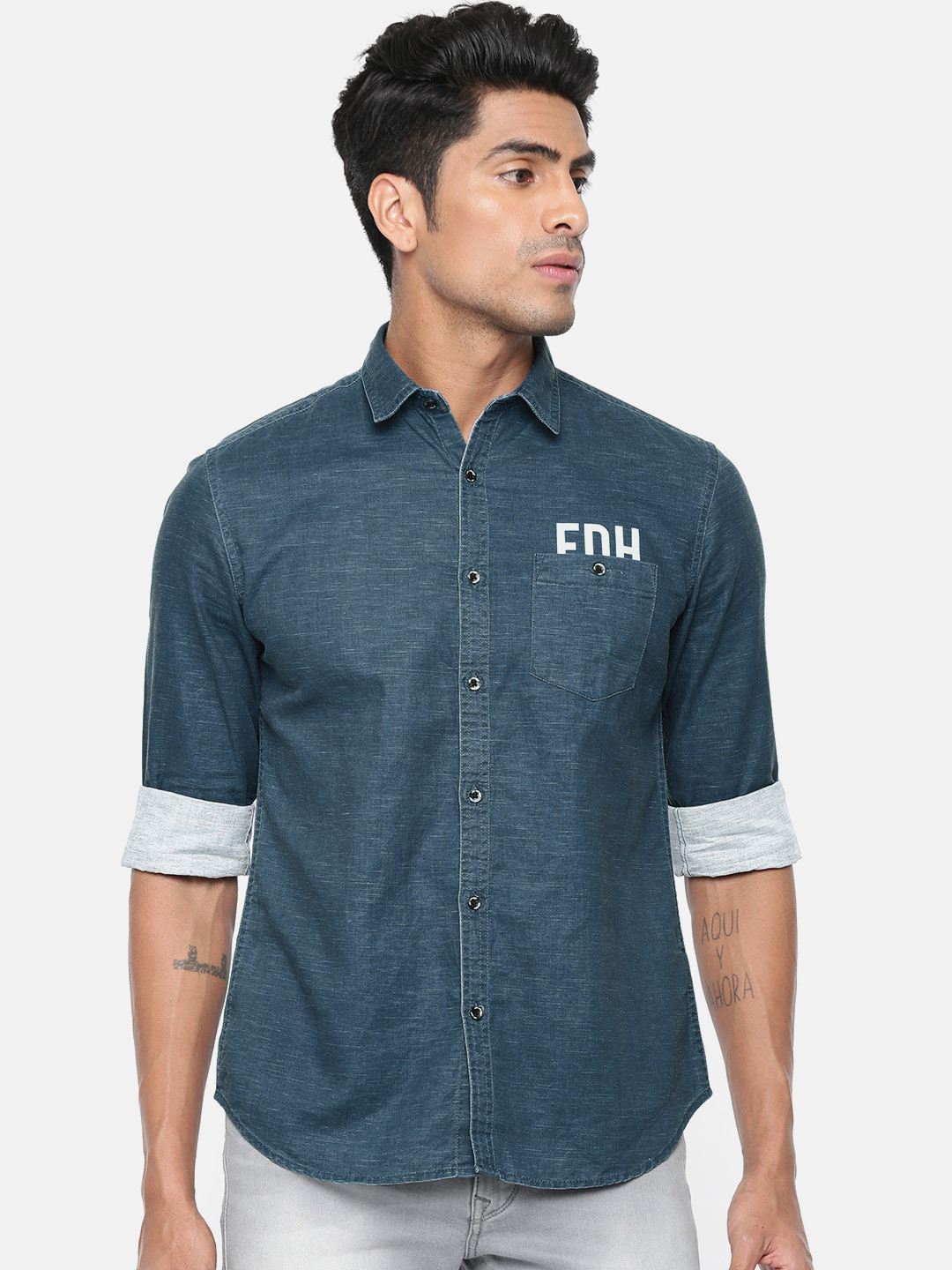 

Ed Hardy Men Blue Slim Fit Solid Casual Shirt