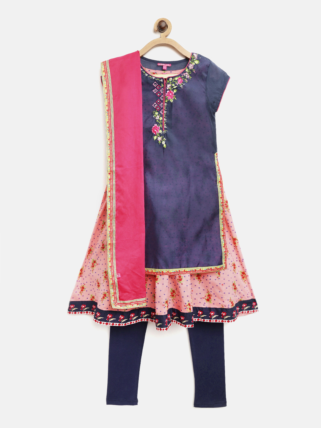 

Biba Girls Navy & Pink Printed Layered Kurta with Churidar & Dupatta, Navy blue