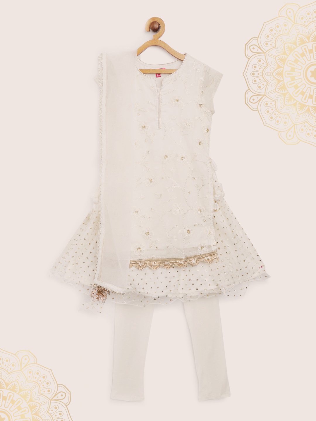 

Biba Girls Off-White Embellished Kurta with Churidar & Dupatta