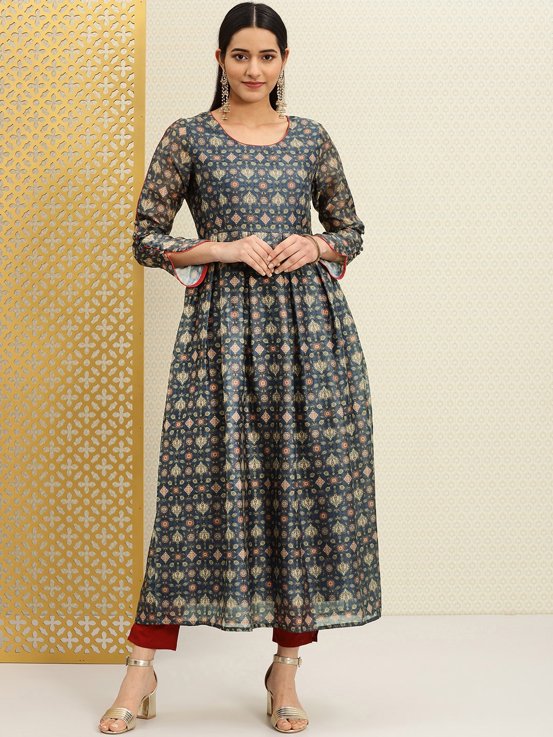 

House of Pataudi Women Blue & Beige Printed A-Line Rozana Kurta
