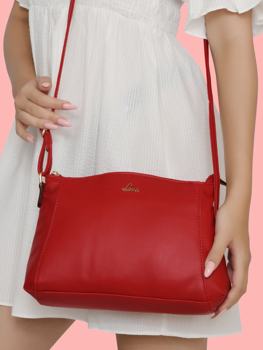 

Lavie Denali Horizontal Plain Red PU Structured Sling Bag