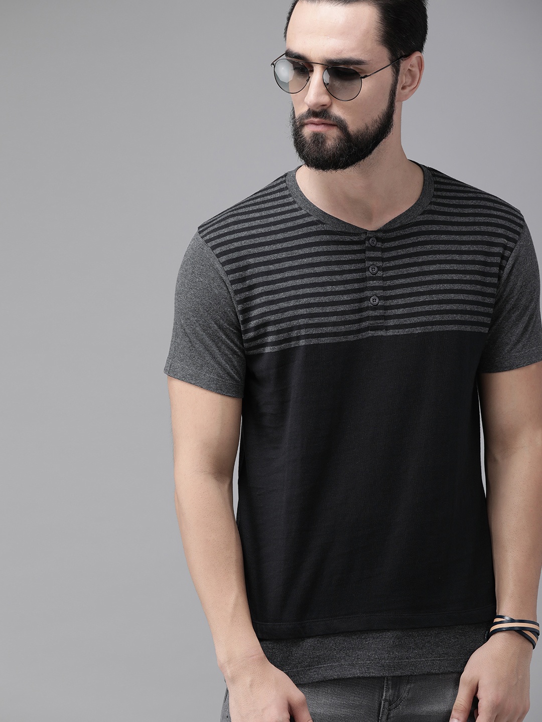

The Roadster Lifestyle Co Men Grey & Black Striped Henley Neck T-shirt