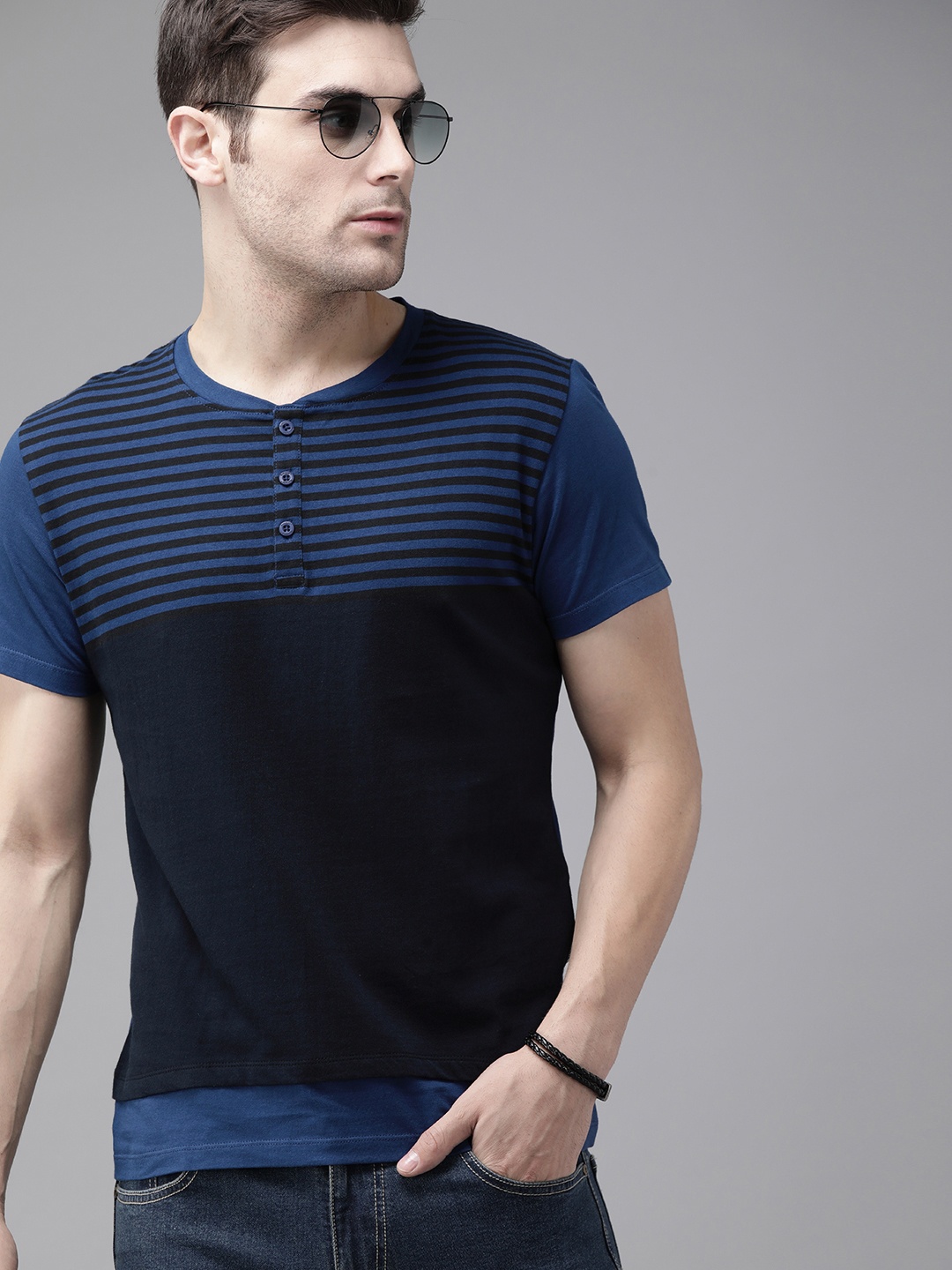 

The Roadster Lifestyle Co Men Navy Blue Black Striped Henley Neck Pure Cotton T-shirt
