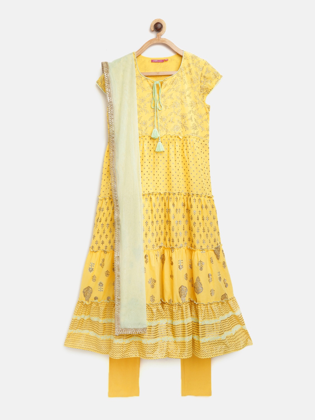 

Biba Girls Yellow & Golden Printed Kurta with Churidar & Dupatta