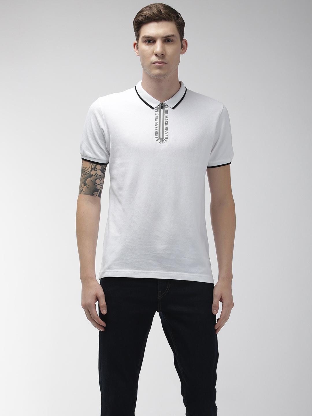 

Flying Machine Men White Solid Polo Collar Pure Cotton T-shirt