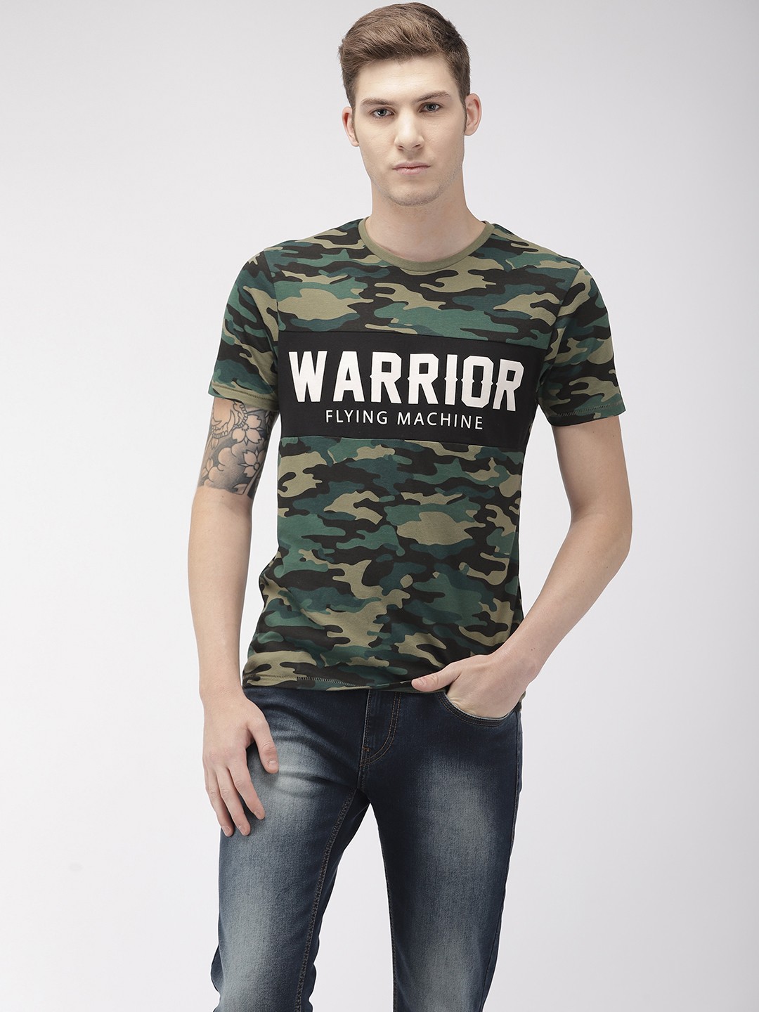 

Flying Machine Men Olive Green Black Printed Round Neck Pure Cotton T-shirt