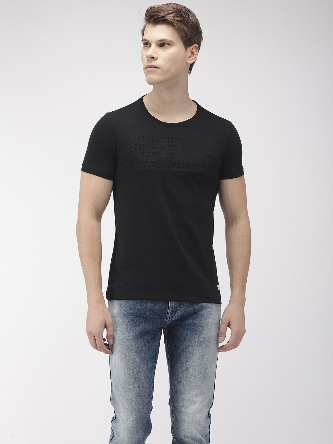 

Flying Machine Men Black Self Design Round Neck Pure Cotton T-shirt