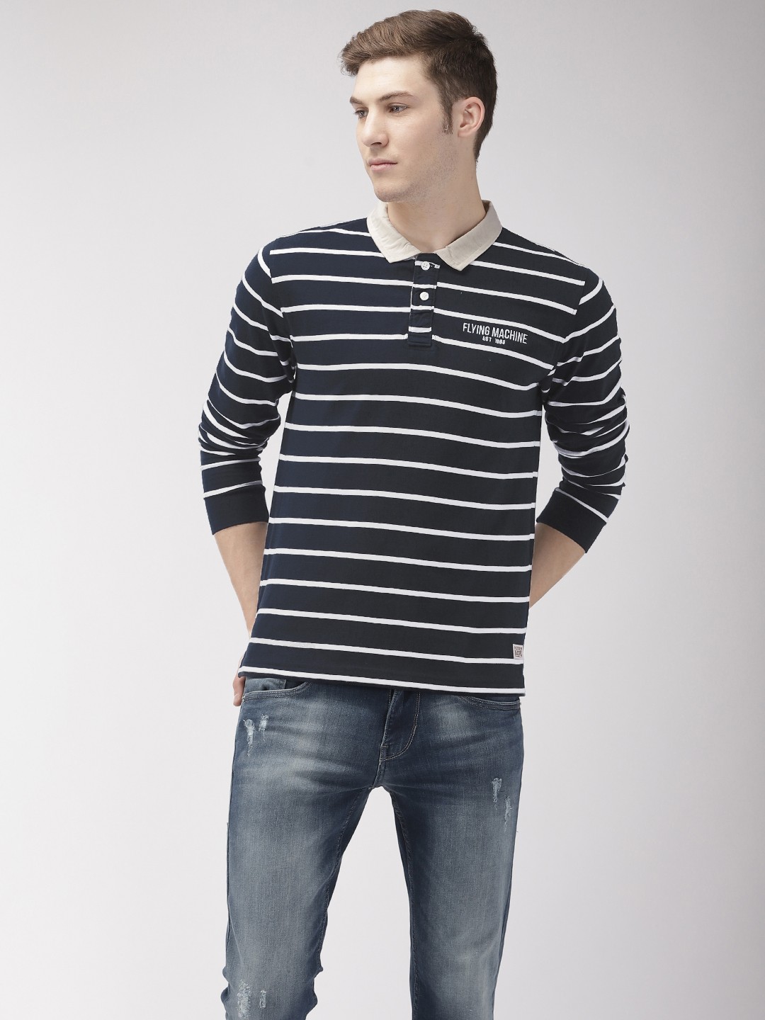 

Flying Machine Men Navy Blue Striped Polo Collar Pure Cotton T-shirt