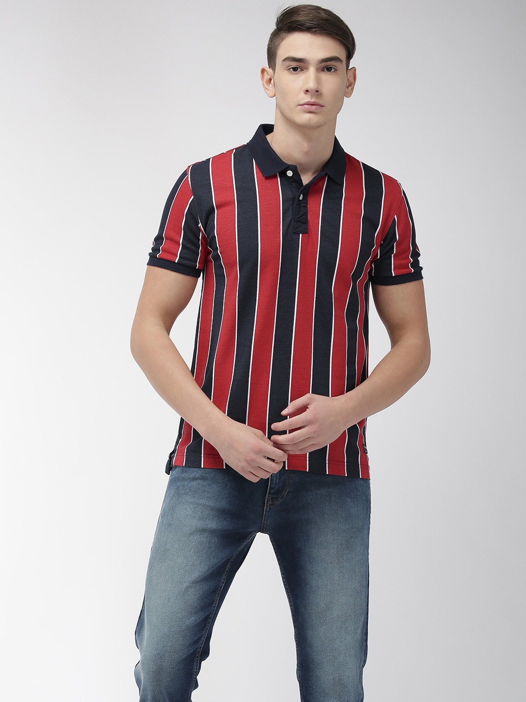 

Flying Machine Men Red & Navy Blue Striped Polo Collar T-shirt