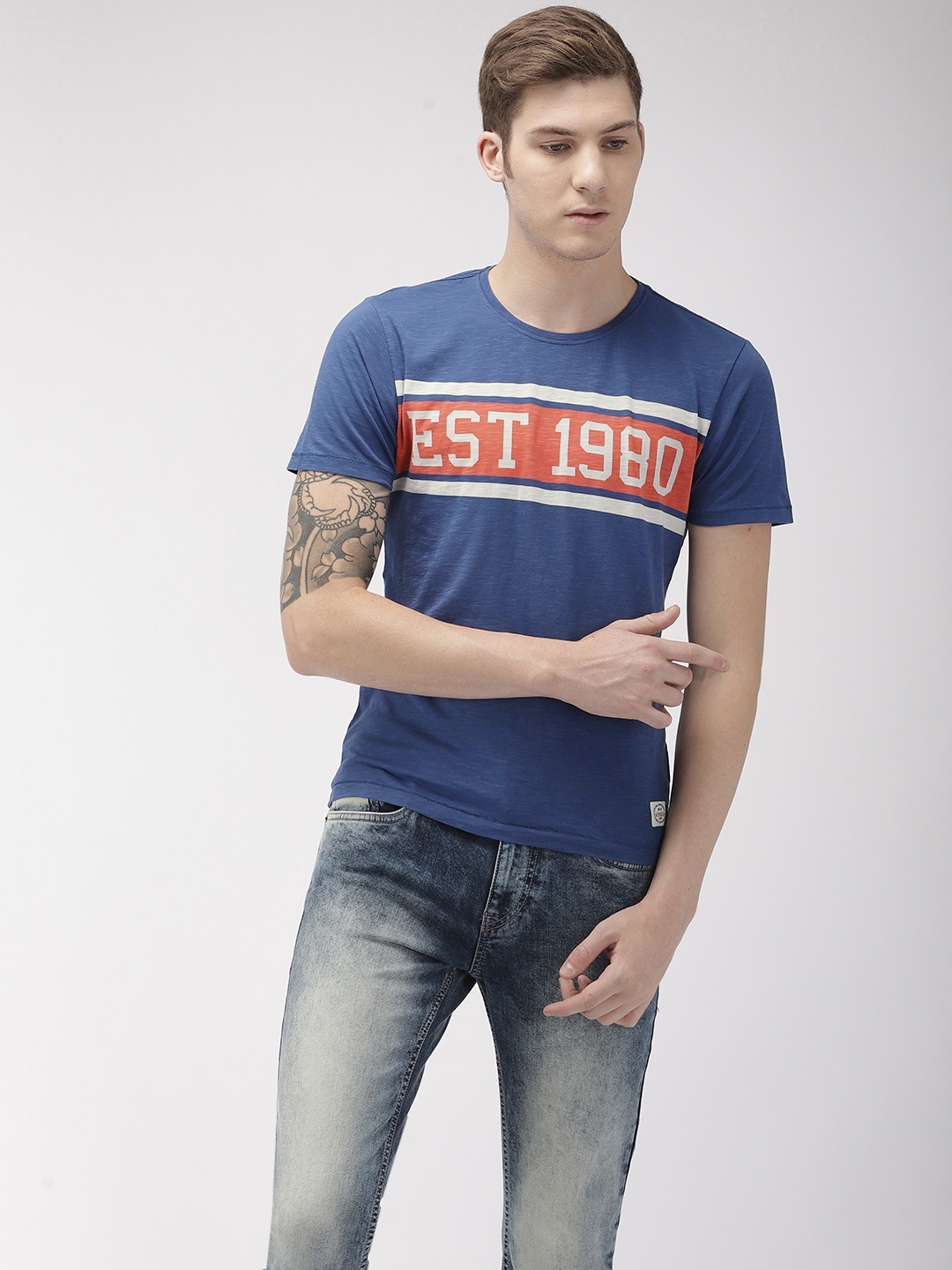 

Flying Machine Men Blue Printed Round Neck Pure Cotton T-shirt