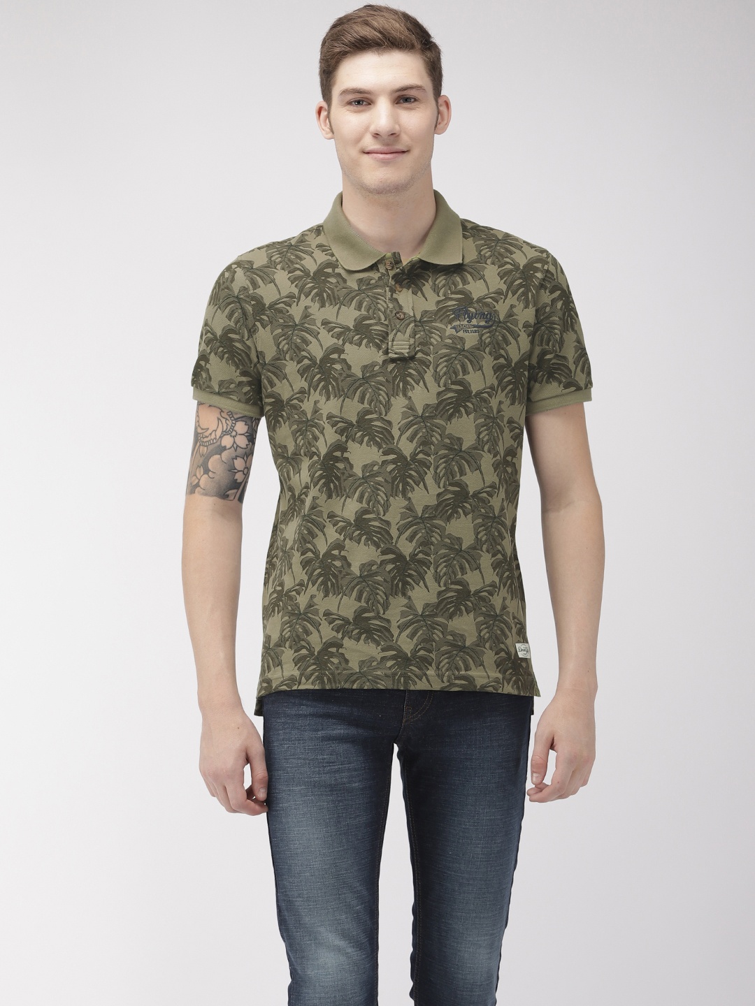 

Flying Machine Men Olive Green Printed Polo Collar Pure Cotton T-shirt