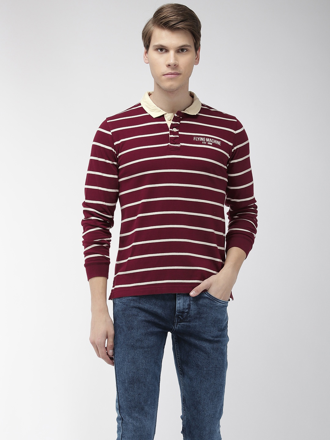 

Flying Machine Men Burgundy & White Striped Polo Collar T-shirt