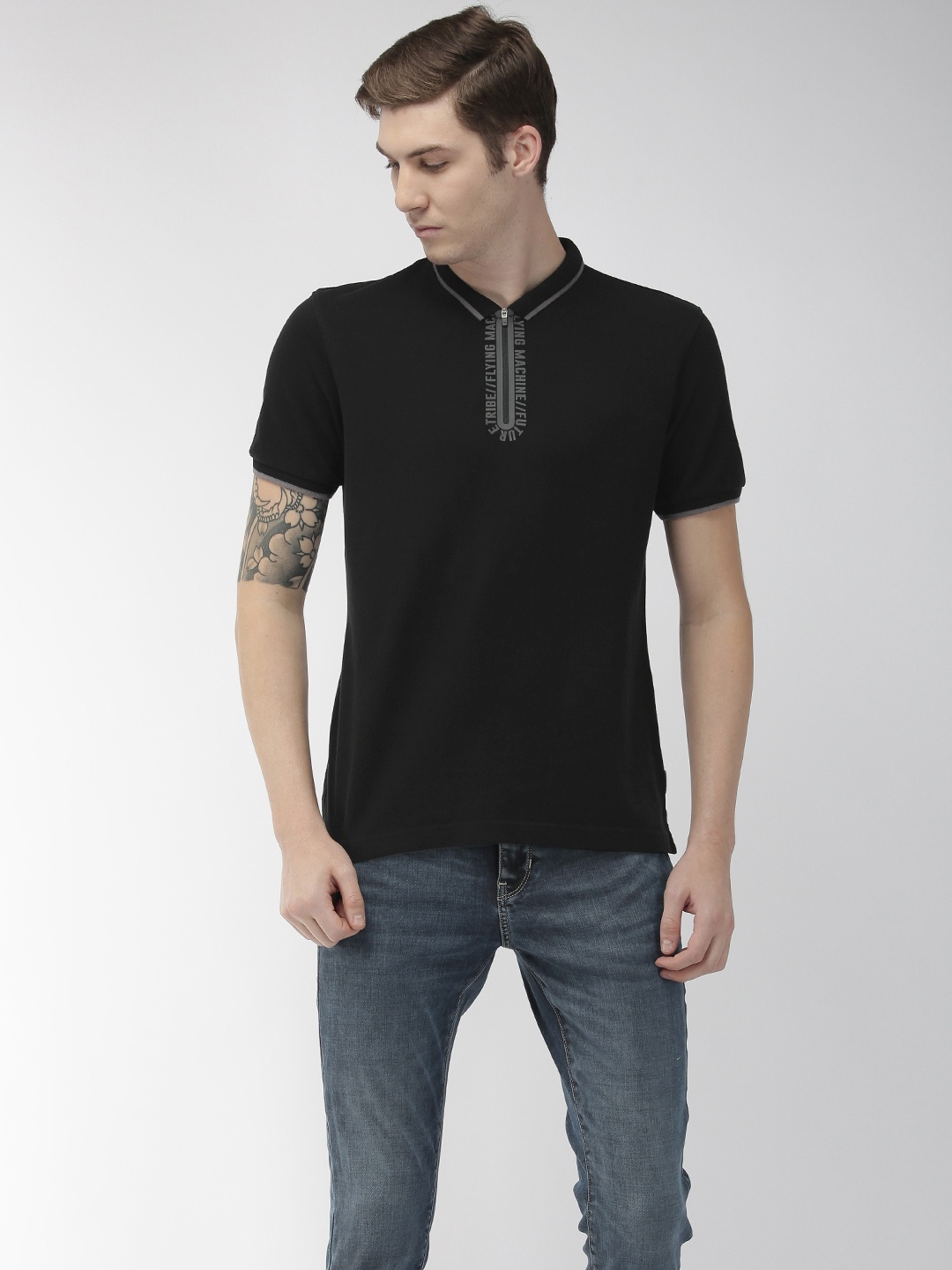 

Flying Machine Men Black Solid Polo Collar Pure Cotton T-shirt
