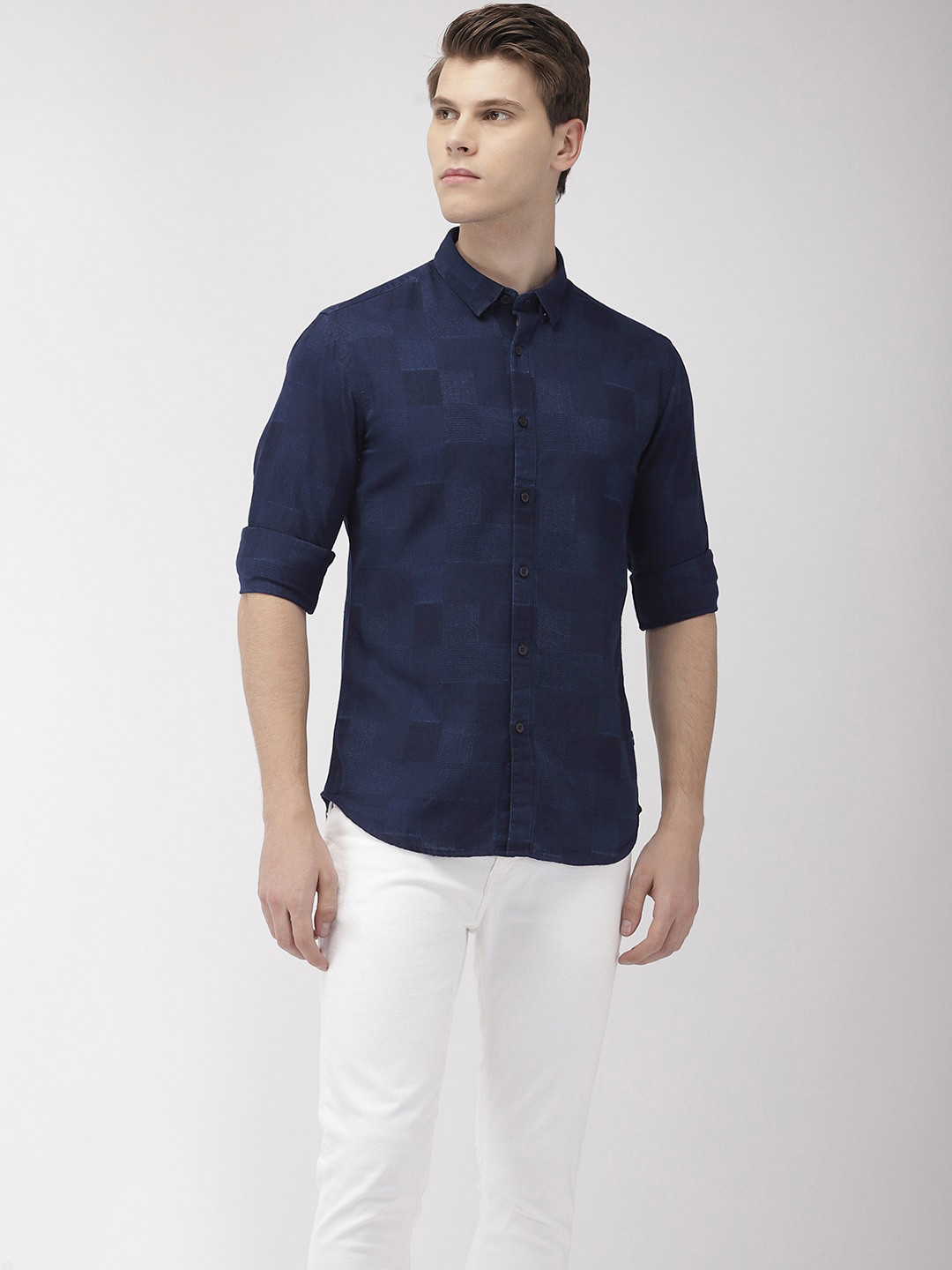 

Flying Machine Men Navy Blue Slim Fit Checked Casual Shirt