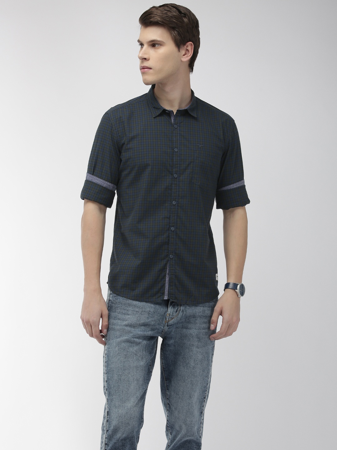 

Flying Machine Men Olive Green & Navy Blue Slim Fit Checked Casual Shirt