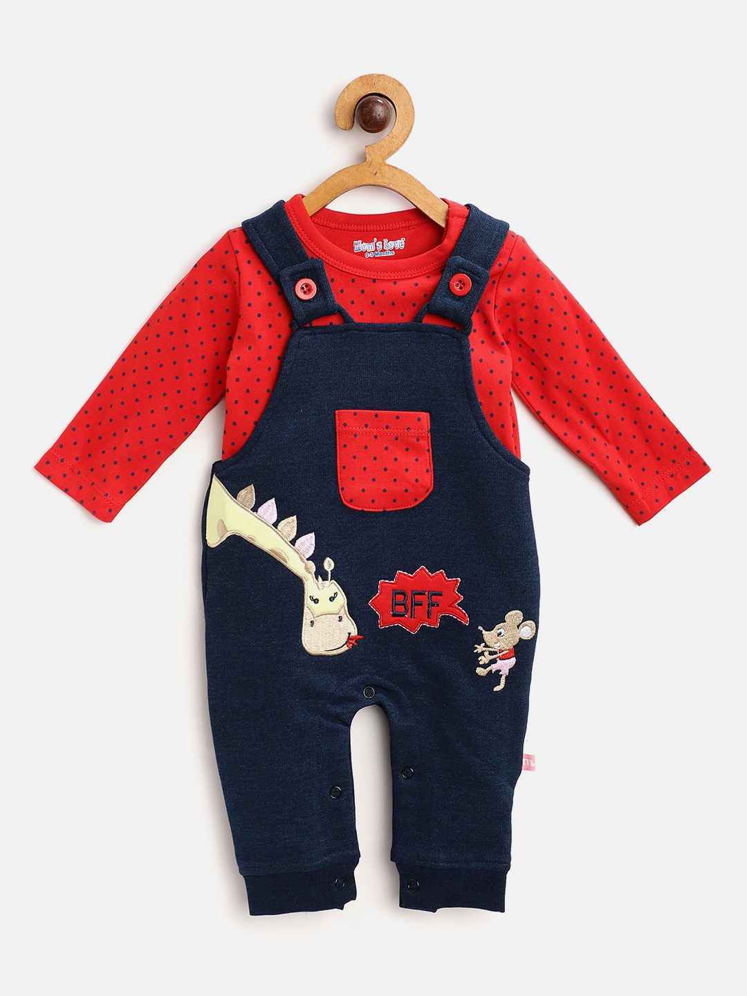 

Moms Love Infant Girls Navy Blue Applique Detail Cotton Dungaree with T-shirt