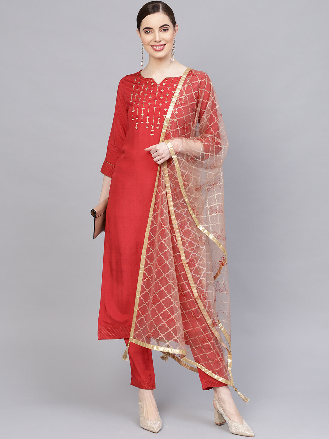 

Jaipur Kurti Women Red & Golden Yoke Design Kurta with Trousers & Dupatta