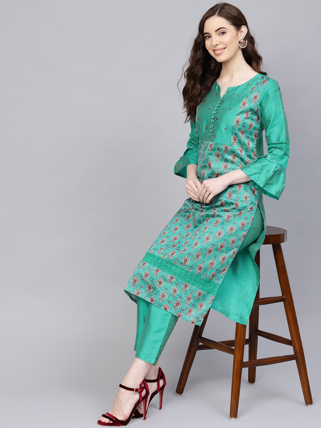 

Jaipur Kurti Women Green Printed Embroidered Kurta with Trousers