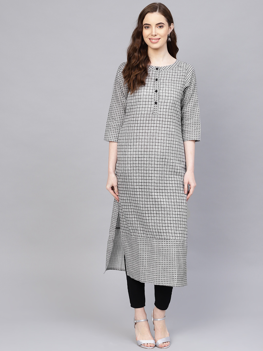 

Jaipur Kurti Women Grey & Black Checked Straight Kurta