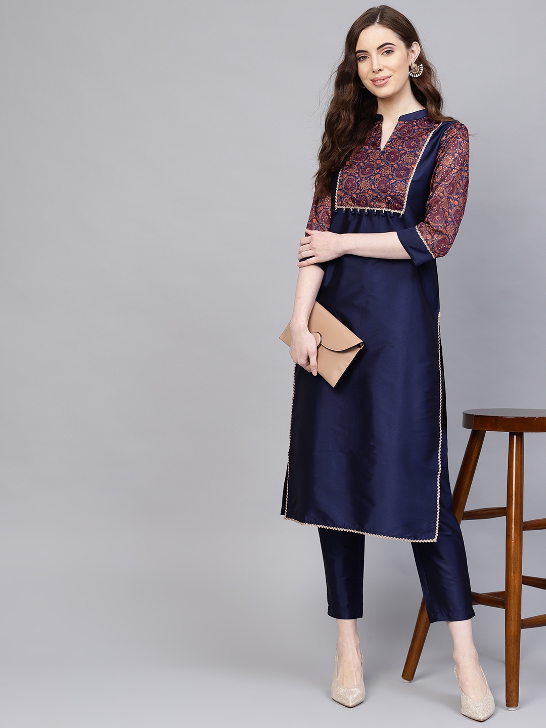 

Jaipur Kurti Women Navy Blue Yoke Design Kurta with Trousers