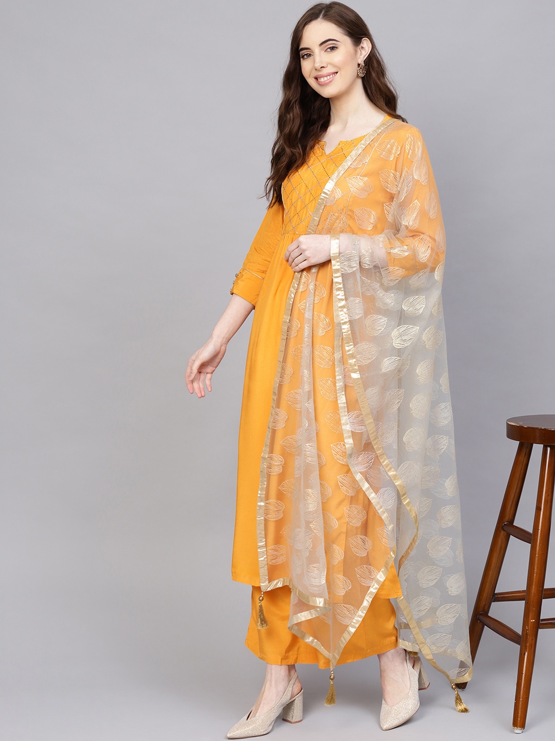 

Jaipur Kurti Women Mustard Yellow & Grey Yoke Design Kurta with Palazzos & Dupatta