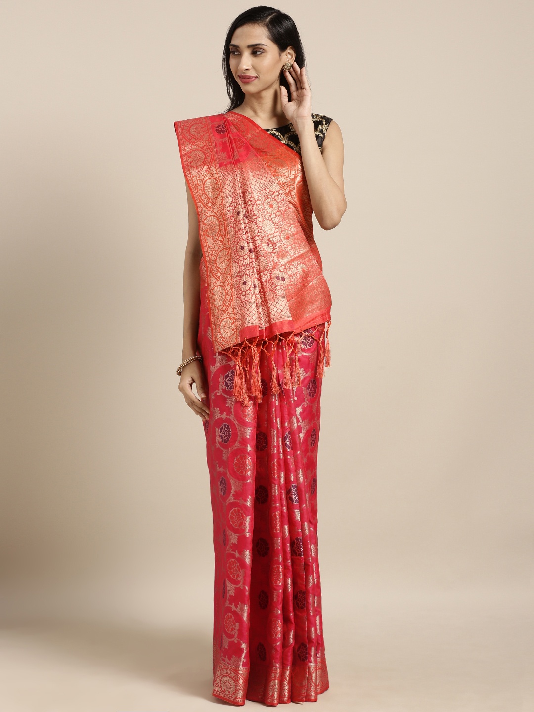 

Varkala Silk Sarees Coral Pink & Orange Silk Blend Woven Design Banarasi Saree