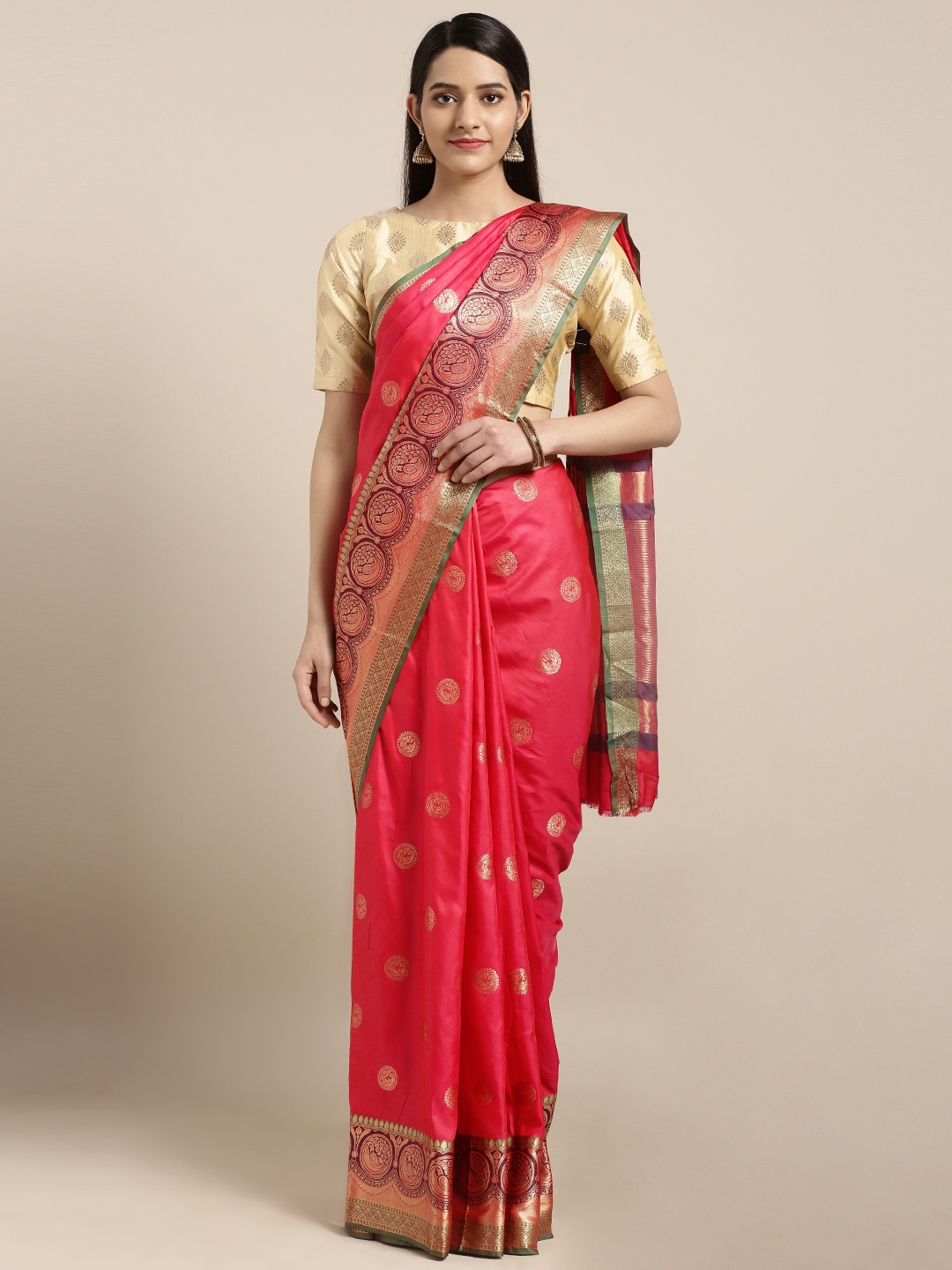 

Varkala Silk Sarees Coral & Gold-Toned Silk Blend Woven Design Banarasi Saree